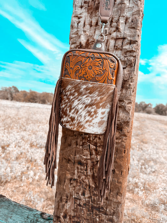 FLORAL FRINGE COWHIDE SLING : RUST